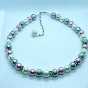 Pastel Faux Pearl Choker Necklace – Multicolor Beads with Rhinestone Spacers